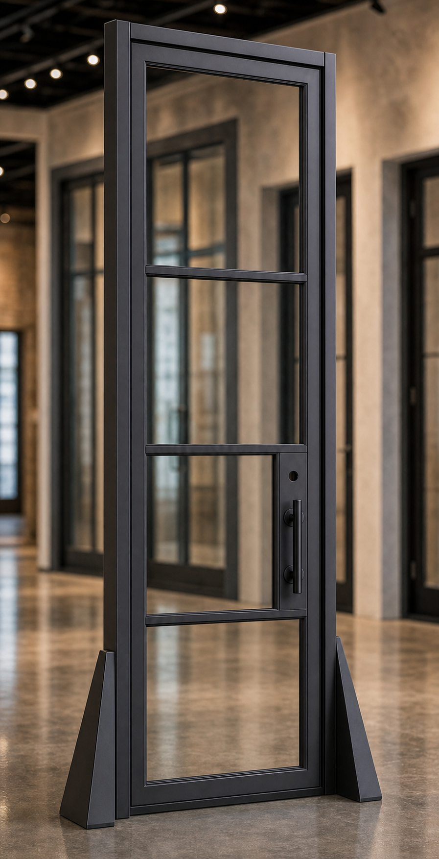 4 Lite single iron entry door, matte black, angled view