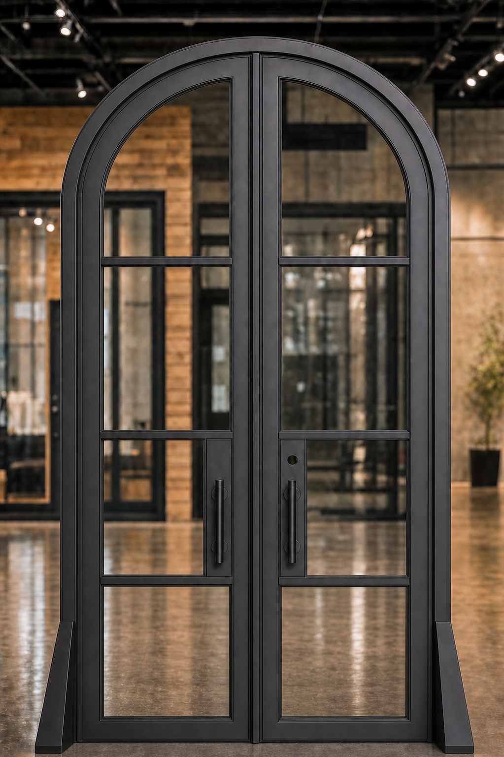 Arched full-glass double iron entry door, matte black