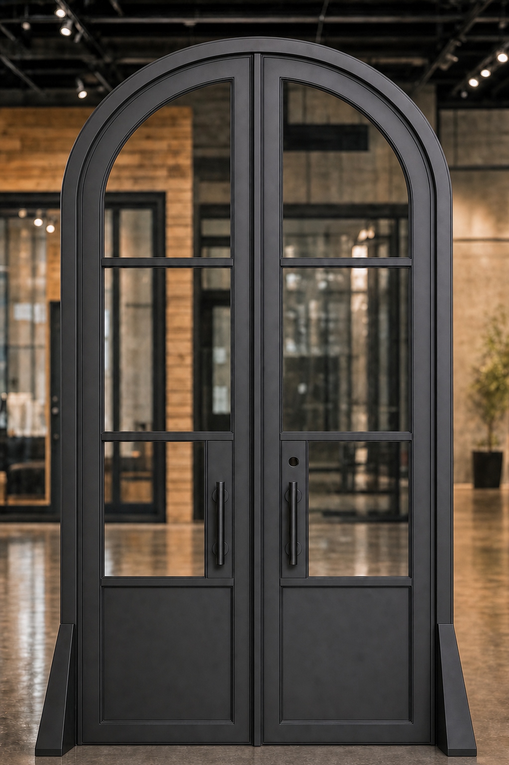 Arched double iron entry door with steel kickplate, round arch top, matte black