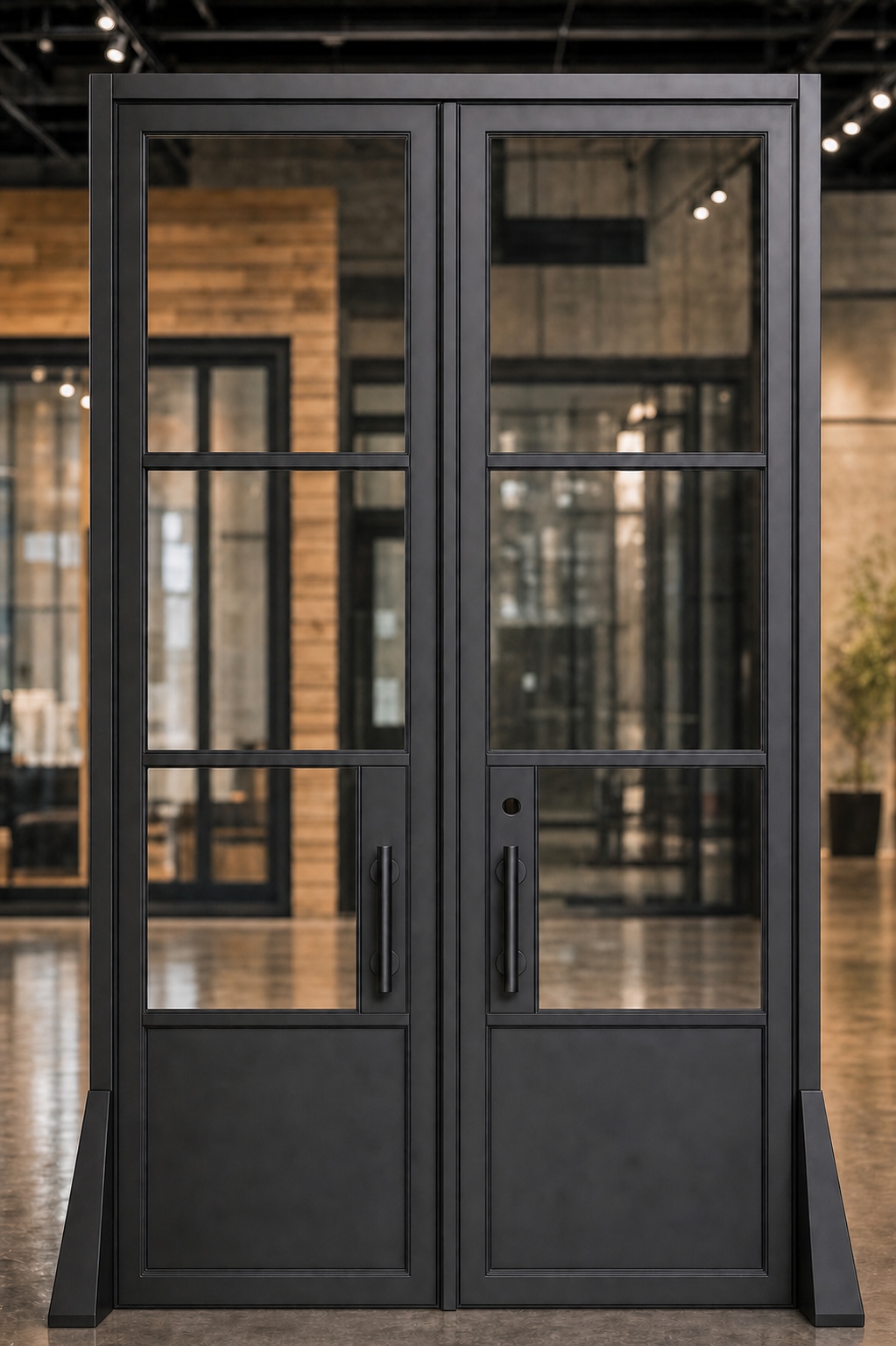 Flat-top double iron entry door with steel kickplate, square top, matte black
